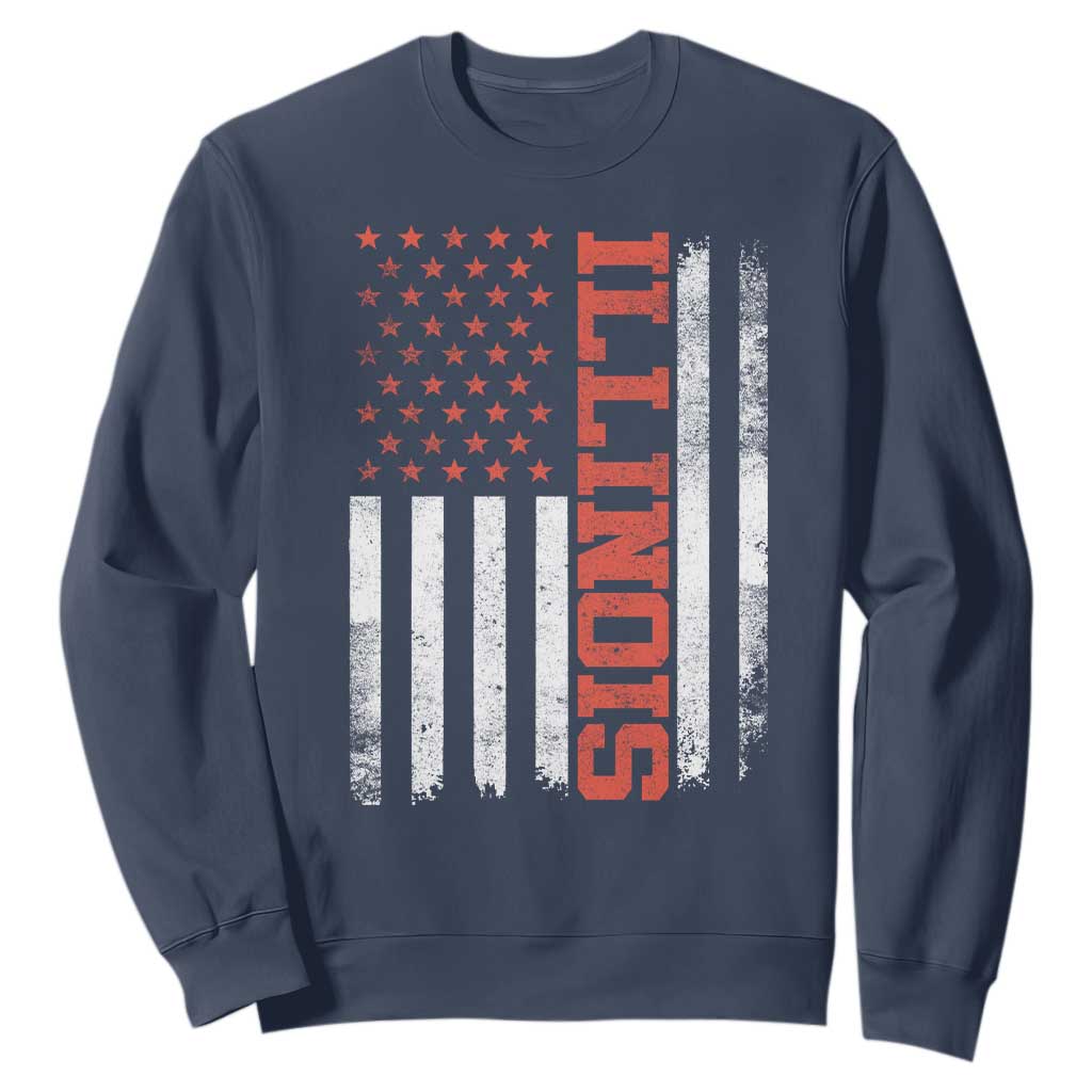 Illinois Pride Sweatshirt Vintage American Flag Distressed Varsity Aesthetic Letters IL State TS11 Navy Print Your Wear