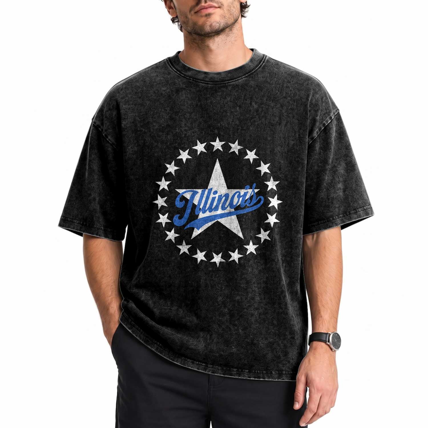 Illinois Varsity Script Sport 21 Stars Vintage Jersey Style Washed Cotton T-Shirt