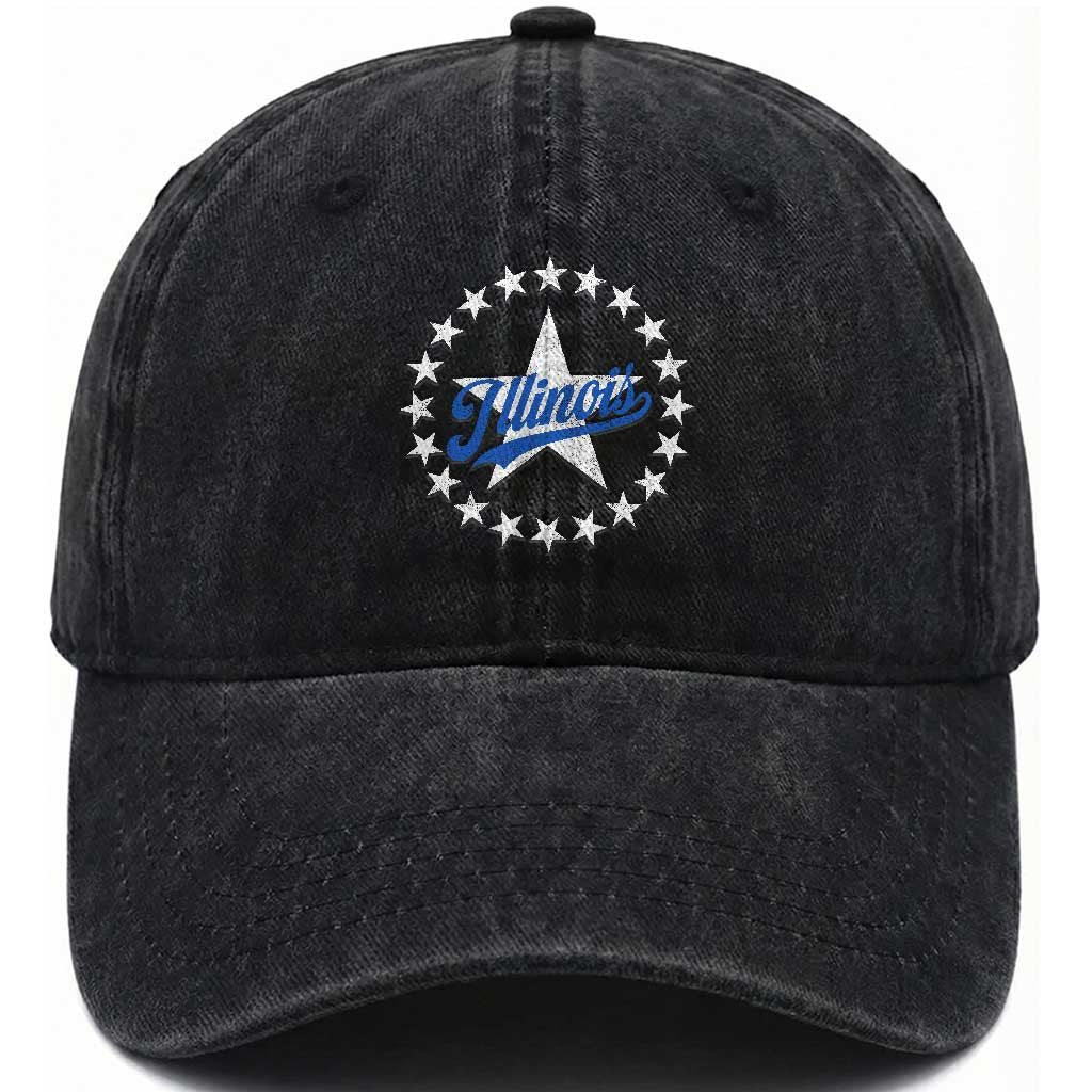 Illinois Varsity Script Sport 21 Stars Vintage Jersey Style Washed Cotton Baseball Cap