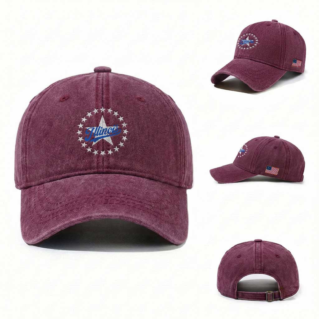 Illinois Varsity Script Sport 21 Stars Vintage Jersey Style Washed Cotton Baseball Cap
