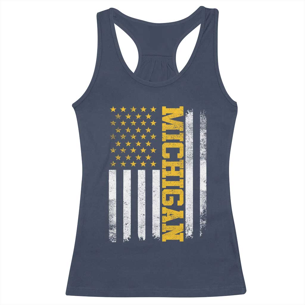Michigan Pride Racerback Tank Top Vintage American Flag Distressed Varsity Aesthetic Letters MI State TS11 Navy Print Your Wear