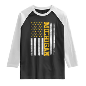 Michigan Pride Raglan Shirt Vintage American Flag Distressed Varsity Aesthetic Letters MI State TS11 Black White Print Your Wear