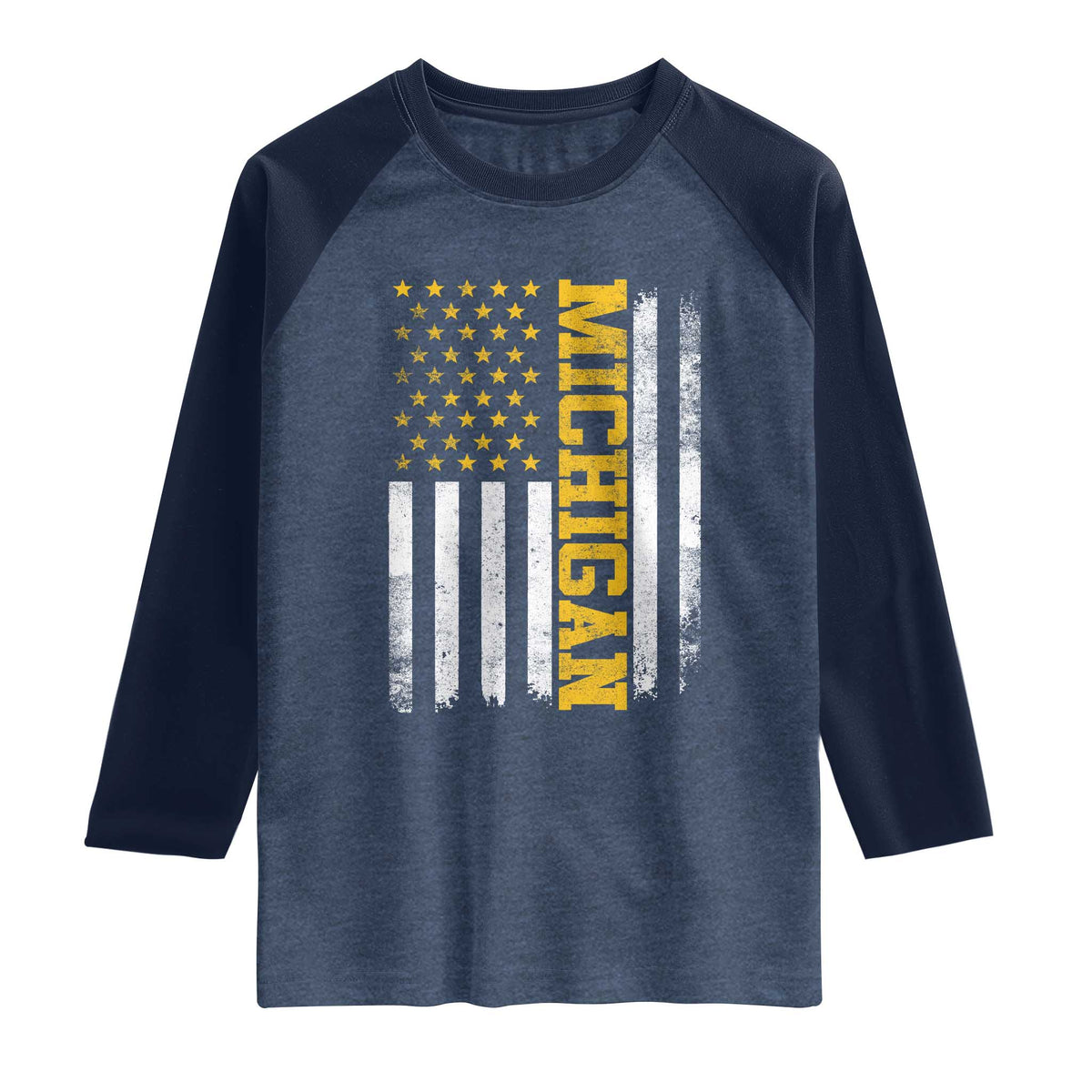 Michigan Pride Raglan Shirt Vintage American Flag Distressed Varsity Aesthetic Letters MI State TS11 Heather Denim Navy Print Your Wear