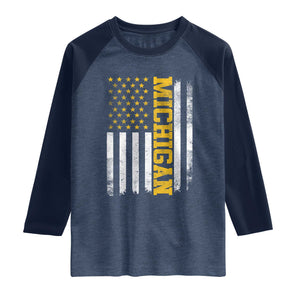 Michigan Pride Raglan Shirt Vintage American Flag Distressed Varsity Aesthetic Letters MI State TS11 Heather Denim Navy Print Your Wear