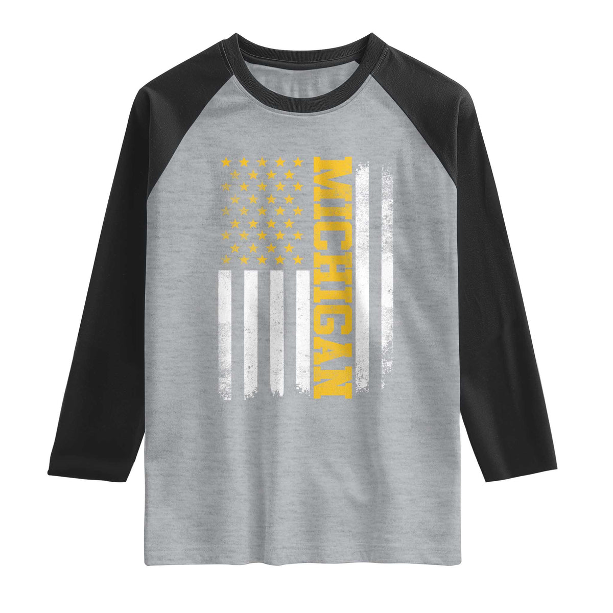 Michigan Pride Raglan Shirt Vintage American Flag Distressed Varsity Aesthetic Letters MI State TS11 Heather Gray Black Print Your Wear