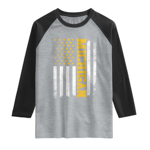 Michigan Pride Raglan Shirt Vintage American Flag Distressed Varsity Aesthetic Letters MI State TS11 Heather Gray Black Print Your Wear
