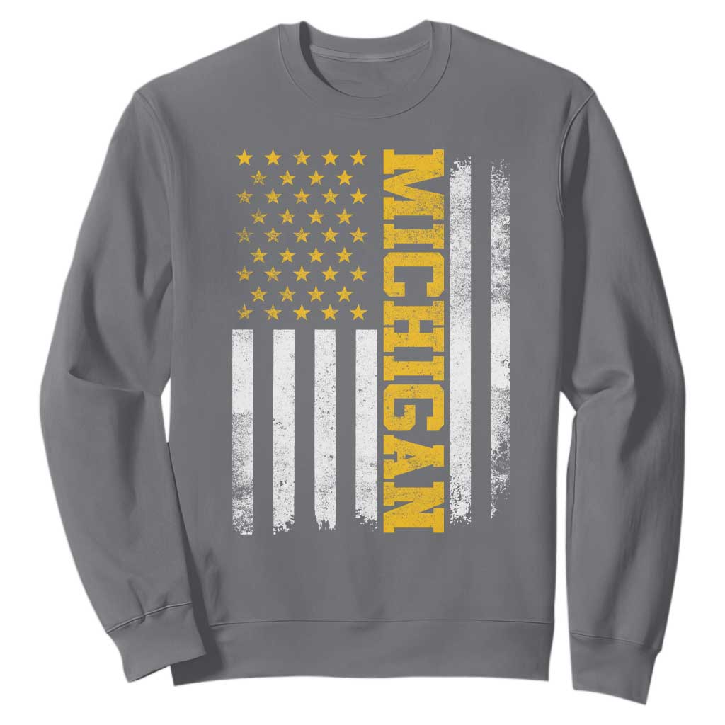 Michigan Pride Sweatshirt Vintage American Flag Distressed Varsity Aesthetic Letters MI State TS11 Charcoal Print Your Wear