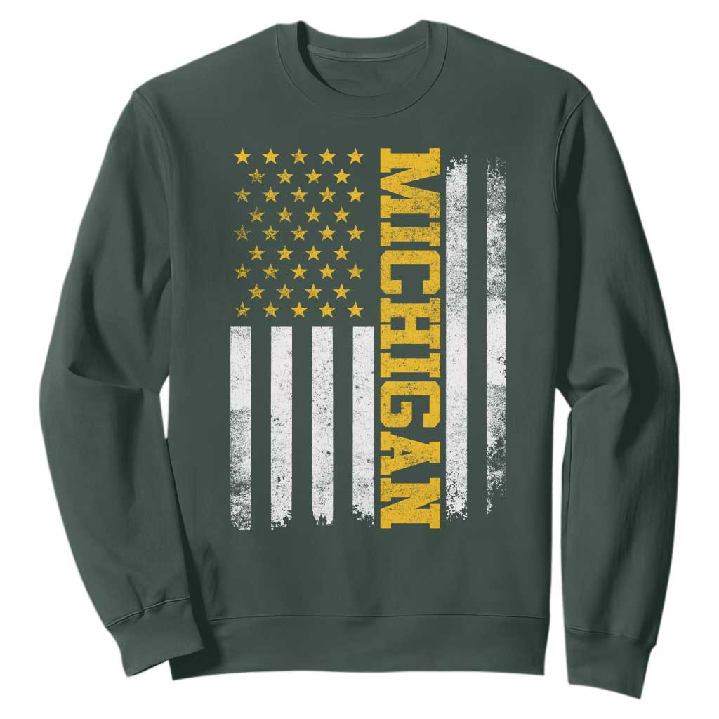 Michigan Pride Sweatshirt Vintage American Flag Distressed Varsity Aesthetic Letters MI State TS11 Dark Forest Green Print Your Wear