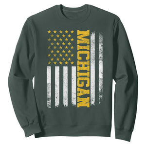 Michigan Pride Sweatshirt Vintage American Flag Distressed Varsity Aesthetic Letters MI State TS11 Dark Forest Green Print Your Wear
