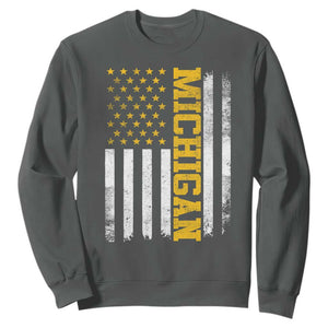 Michigan Pride Sweatshirt Vintage American Flag Distressed Varsity Aesthetic Letters MI State TS11 Dark Heather Print Your Wear