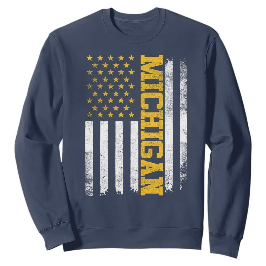 Michigan Pride Sweatshirt Vintage American Flag Distressed Varsity Aesthetic Letters MI State TS11 Navy Print Your Wear