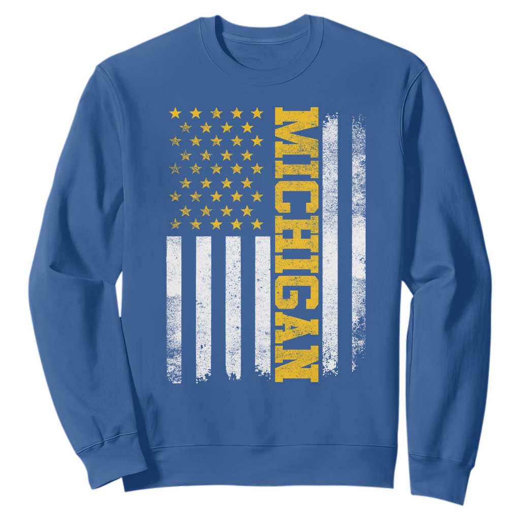 Michigan Pride Sweatshirt Vintage American Flag Distressed Varsity Aesthetic Letters MI State TS11 Royal Blue Print Your Wear