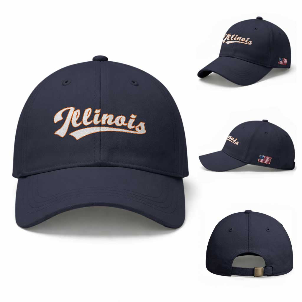 Illinois Vintage Orange Varsity Script Text Classic Sports Jersey Style Baseball Cap TS11 Baseball Cap Universal Fit Navy Print Your Wear