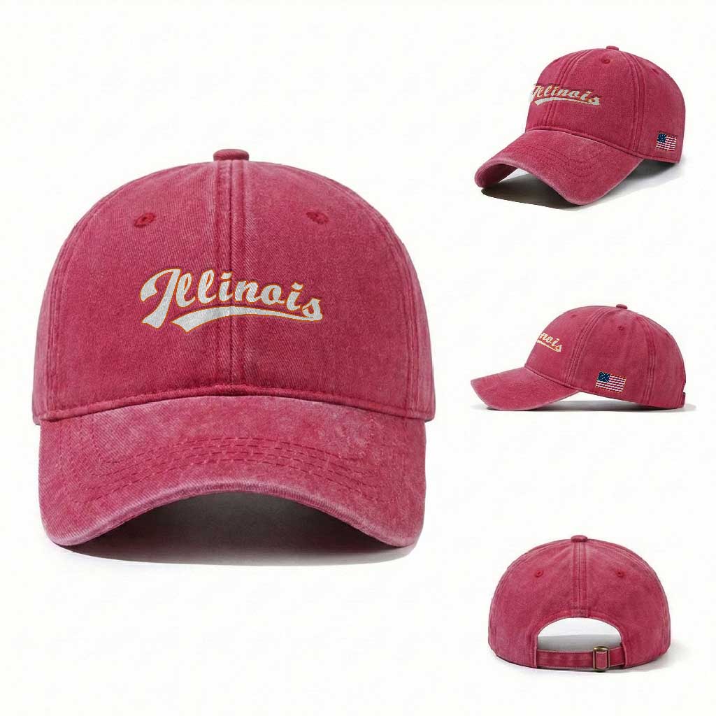 Illinois Vintage Orange Varsity Script Text Classic Sports Jersey Style Washed Cotton Baseball Cap TS11 Washed Cap Universal Fit Red Print Your Wear