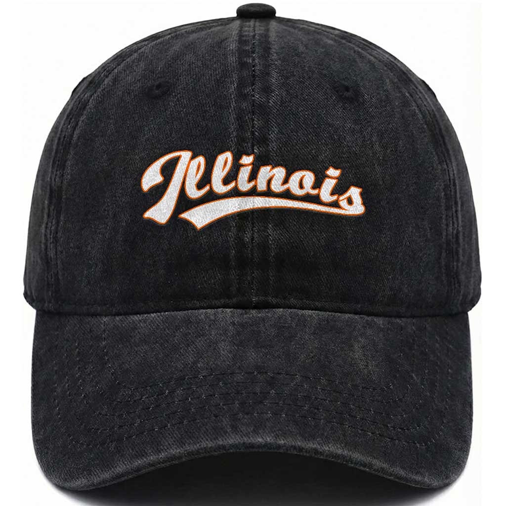 Illinois Vintage Orange Varsity Script Text Classic Sports Jersey Style Washed Cotton Baseball Cap TS11 Print Your Wear