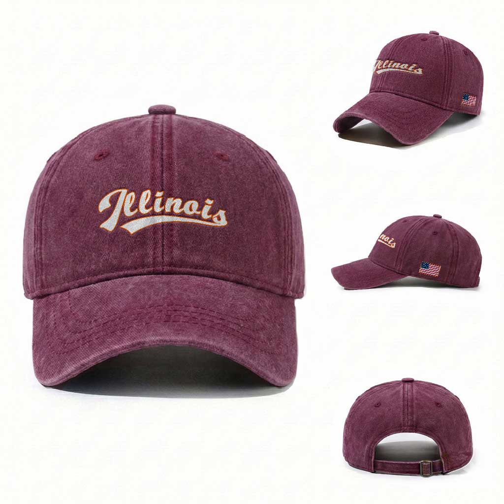 Illinois Vintage Orange Varsity Script Text Classic Sports Jersey Style Washed Cotton Baseball Cap TS11 Washed Cap Universal Fit Burgundy Print Your Wear