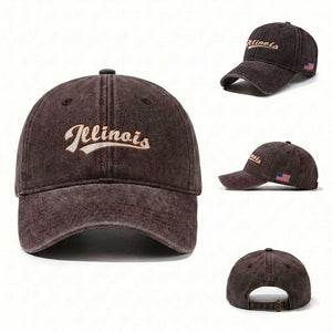 Illinois Vintage Orange Varsity Script Text Classic Sports Jersey Style Washed Cotton Baseball Cap TS11 Washed Cap Universal Fit Dark Brown Print Your Wear