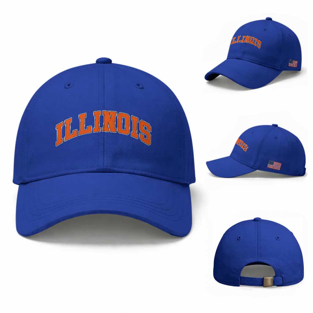 Illinois Sports Fan Baseball Cap Vintage Orange Blue Throwback Text IL State TS11 Baseball Cap Universal Fit Royal Blue Print Your Wear
