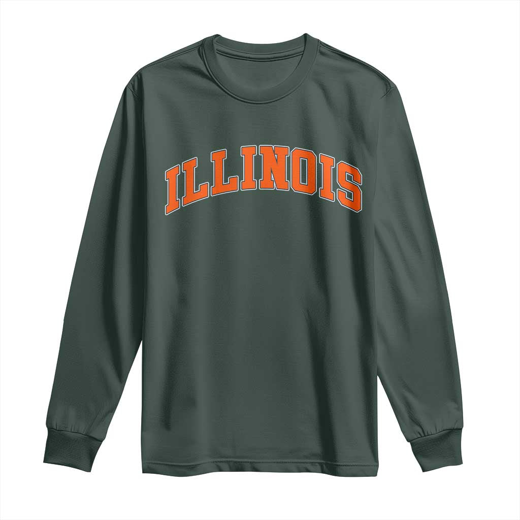 Illinois Sports Fan Long Sleeve Shirt Vintage Orange Blue Throwback Text IL State TS11 Dark Forest Green Print Your Wear
