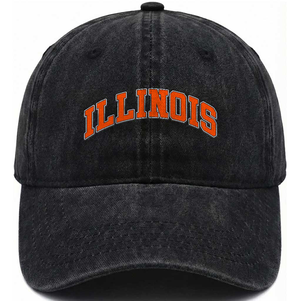 Illinois Sports Fan Washed Cotton Baseball Cap Vintage Orange Blue Throwback Text IL State TS11 Print Your Wear