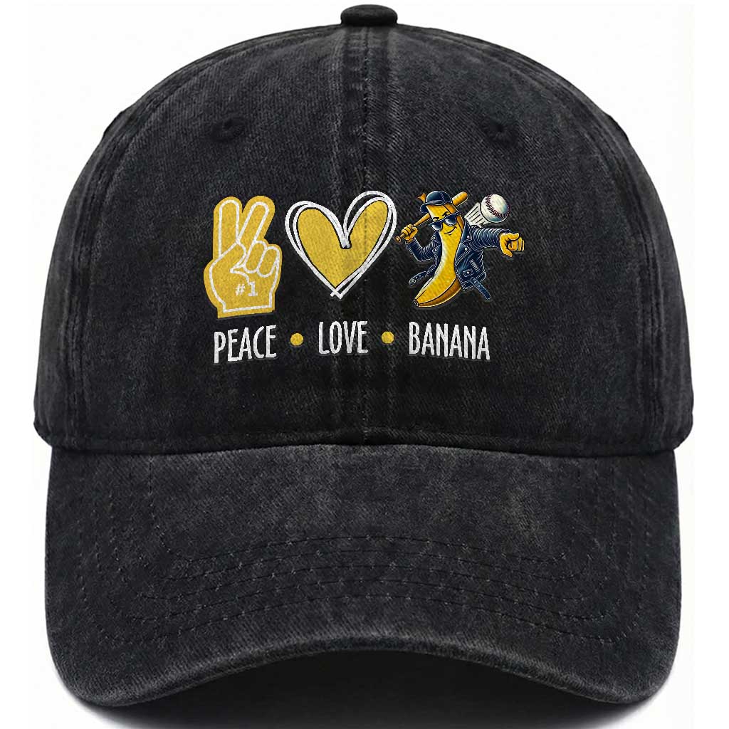 Funny Peace Love Banana Washed Cotton Baseball Cap Cute Banana Peace Sign Heart TS11 Washed Cap Universal Fit Black Print Your Wear
