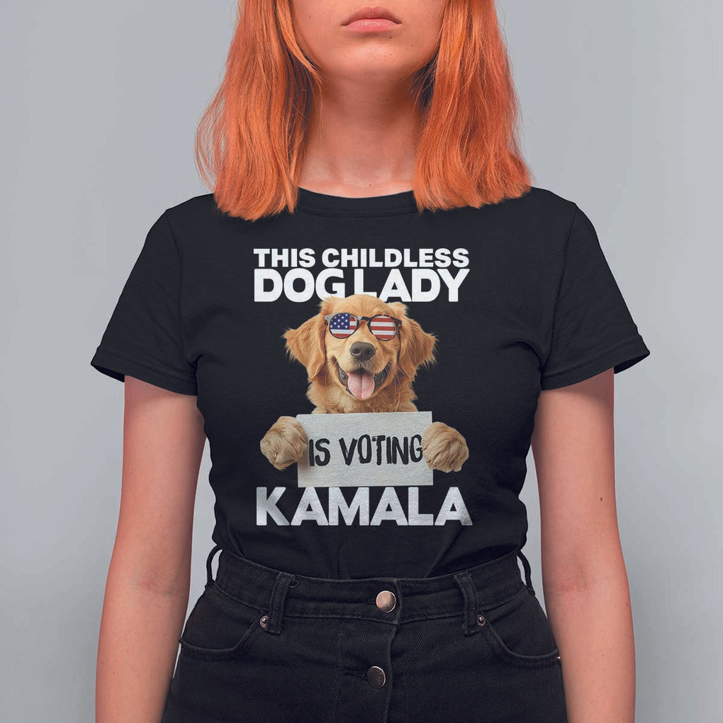 This Childless Dog Lady Is Voting Kamala T Shirt For Women Election Vote Patriotic 2024 Goldlen Sunglasses TS11 Black Print Your Wear