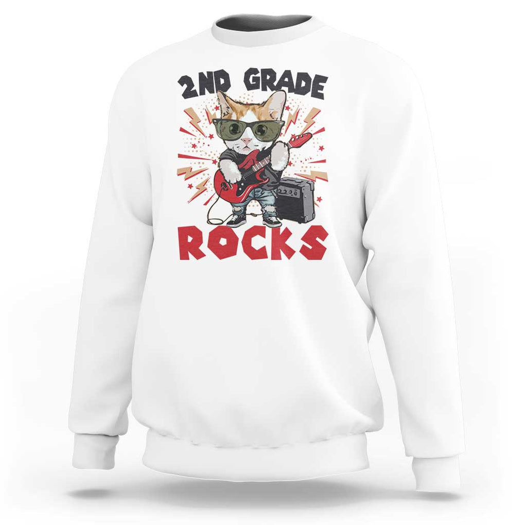 Funny 2nd Grade Rocks Sweatshirt Cat Heavy Metal Guitarist Thunder Star TS11 White Print Your Wear