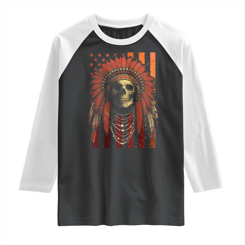 Native American Indian Chief Skull Headdress Vintage USA Flag Raglan Shirt TS11 Black White Print Your Wear