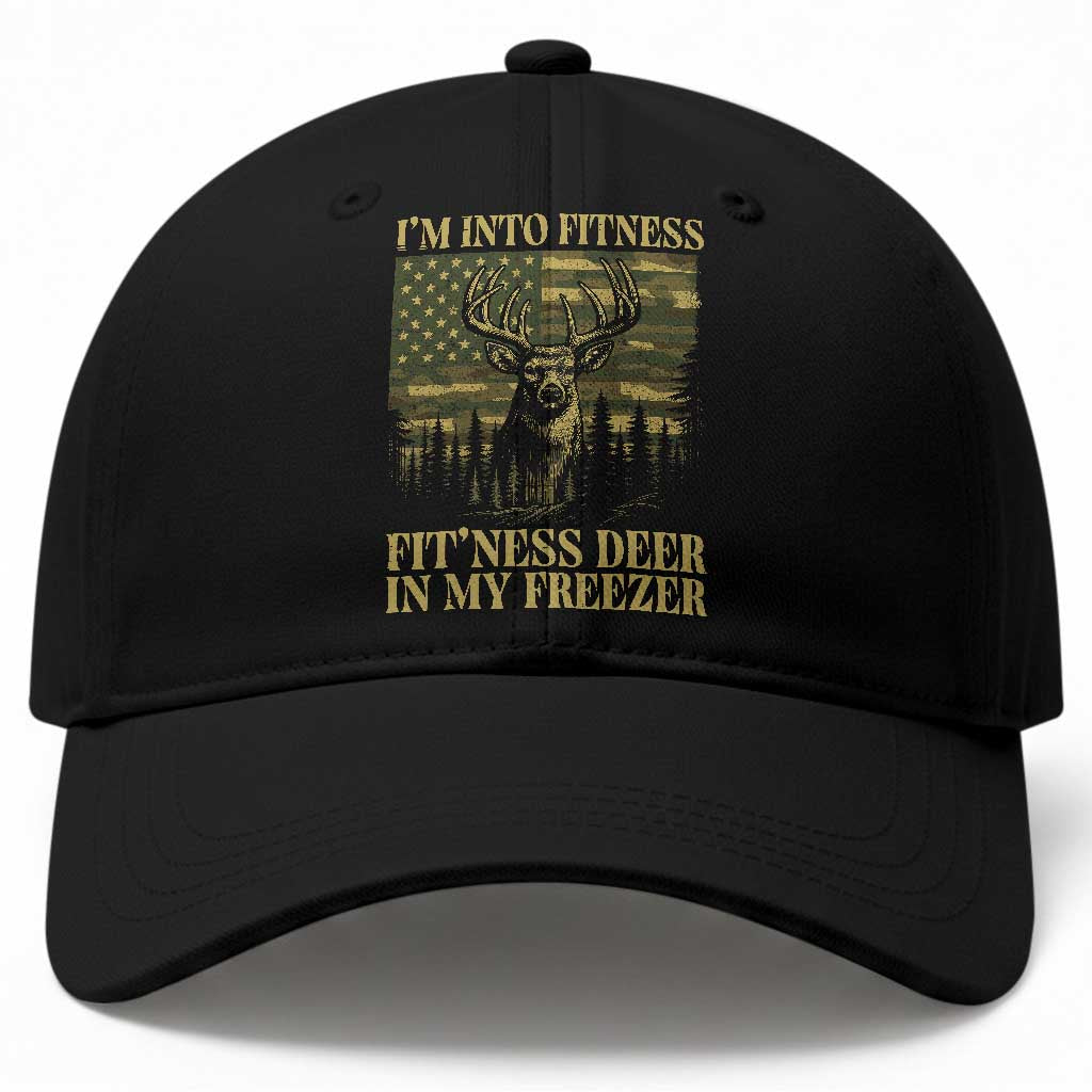 Funny I Am Into Fitness Deer In My Freezer Baseball Cap Deer Hunting Camouflage Flag