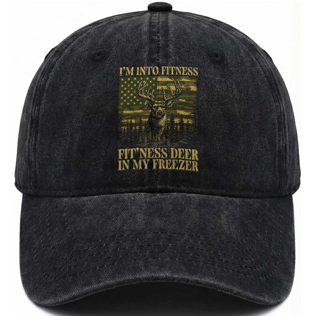 Funny I Am Into Fitness Deer In My Freezer Washed Cotton Baseball Cap Deer Hunting Camouflage Flag