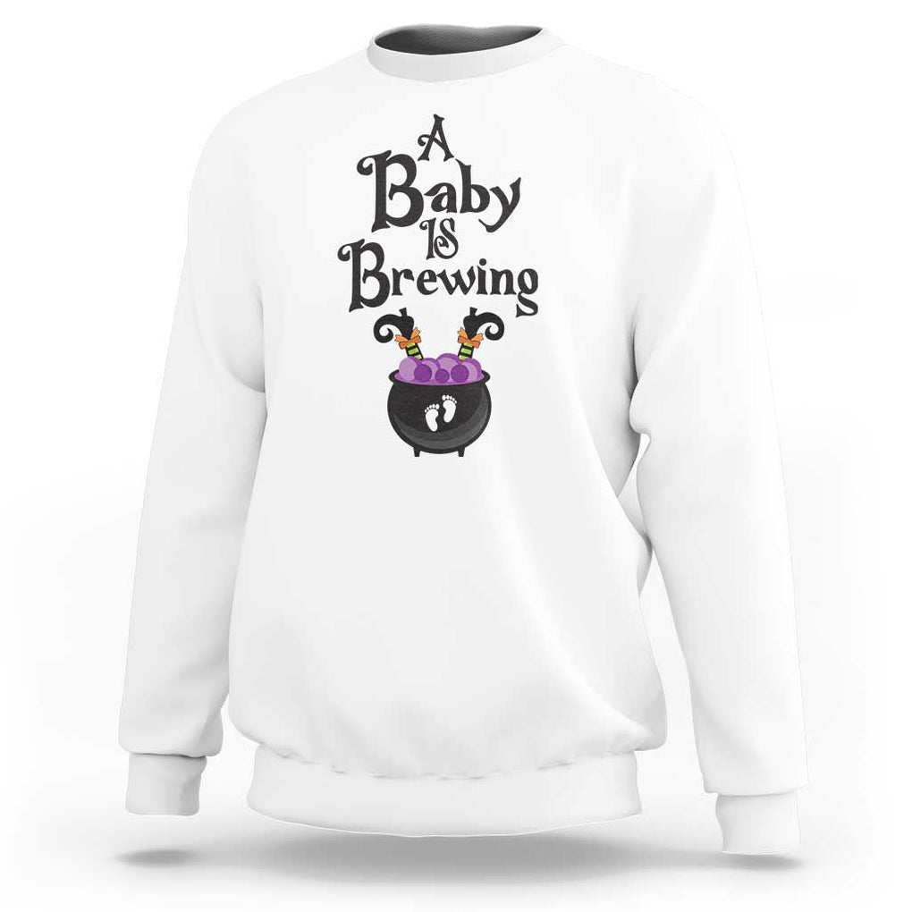 Funny Halloween Pregnancy Announcement Sweatshirt A Baby Is Brewing Witch Cauldron Footprint Pregnant Baby TS11 White Print Your Wear