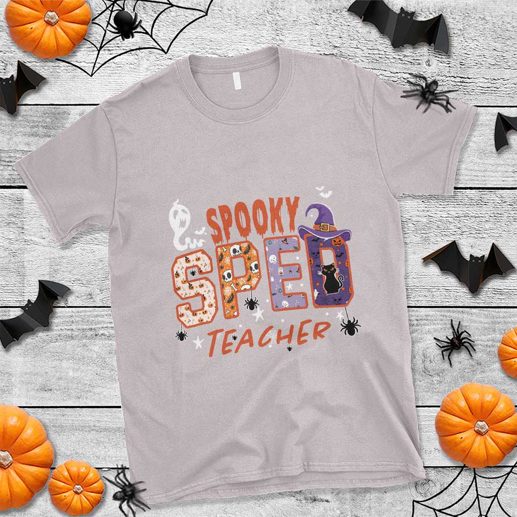 Spooky SPED Teacher T Shirt Special Education Teacher Halloween Witch Hat Cat Ghost TS11 Ice Gray Print Your Wear