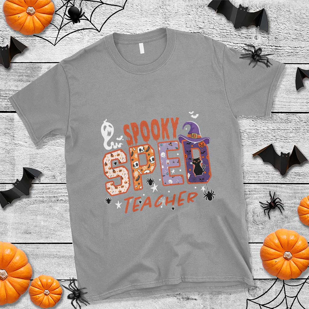 Spooky SPED Teacher T Shirt Special Education Teacher Halloween Witch Hat Cat Ghost TS11 Sport Gray Print Your Wear