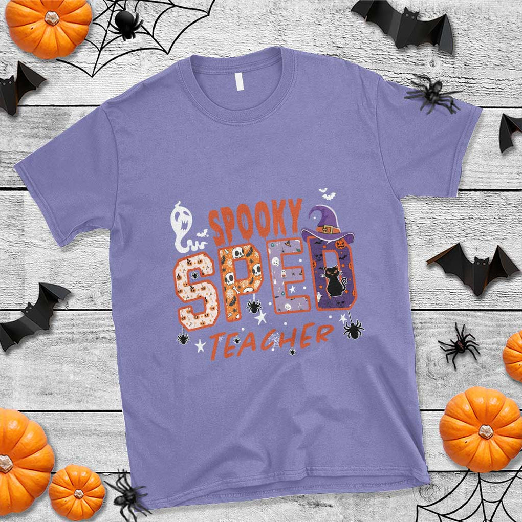 Spooky SPED Teacher T Shirt Special Education Teacher Halloween Witch Hat Cat Ghost TS11 Violet Print Your Wear