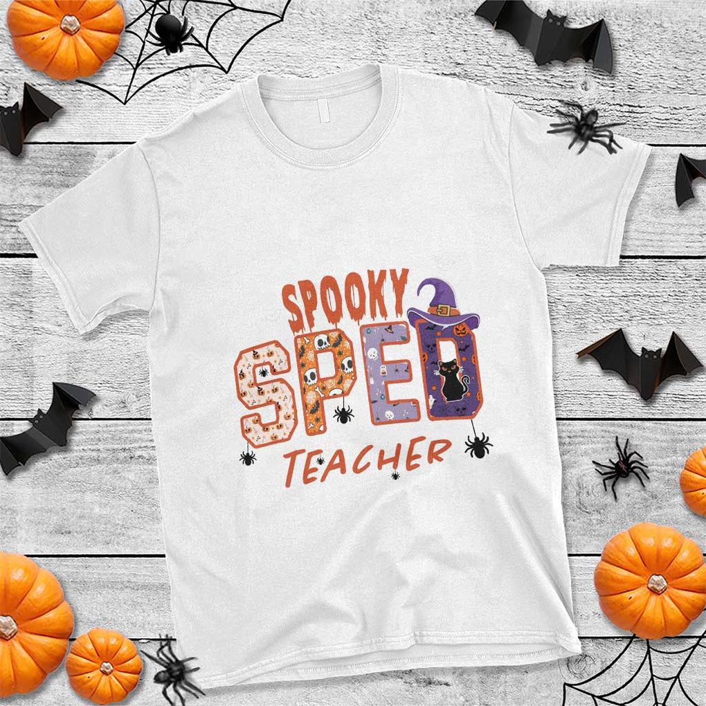 Spooky SPED Teacher T Shirt Special Education Teacher Halloween Witch Hat Cat Ghost TS11 White Print Your Wear