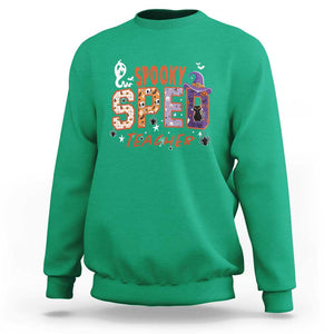 Spooky SPED Teacher Sweatshirt Special Education Teacher Halloween Witch Hat Cat Ghost TS11 Irish Green Print Your Wear