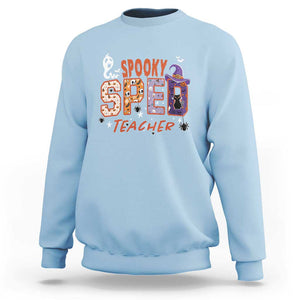 Spooky SPED Teacher Sweatshirt Special Education Teacher Halloween Witch Hat Cat Ghost TS11 Light Blue Print Your Wear