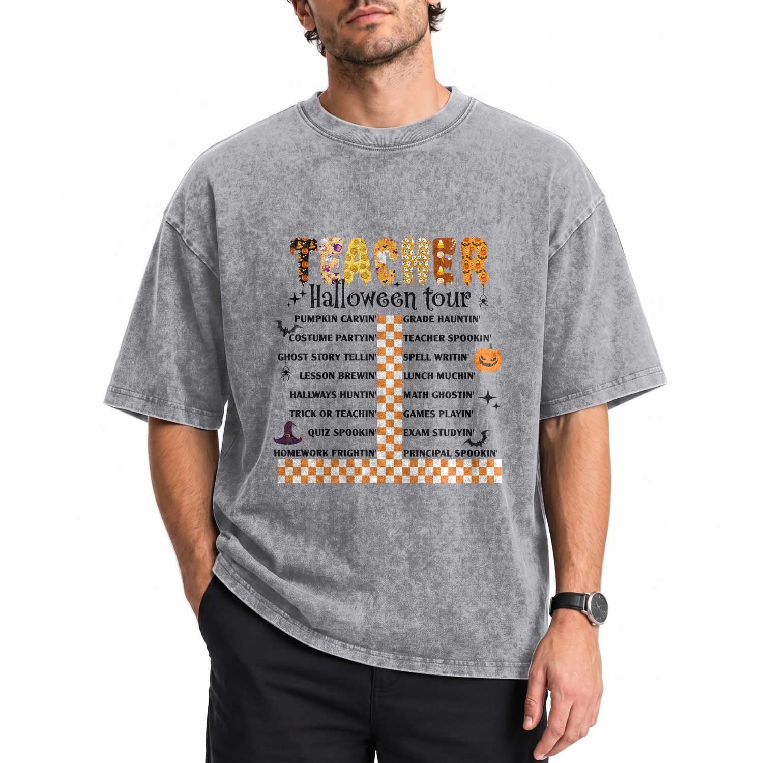 Funny Teacher Halloween Tour Washed Cotton T-Shirt Spooky Teacher Activities Pumpkin Witch Hat Bat
