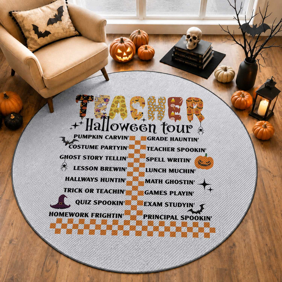 Funny Teacher Halloween Tour Round Rug Spooky Teacher Activities Pumpkin Witch Hat Bat
