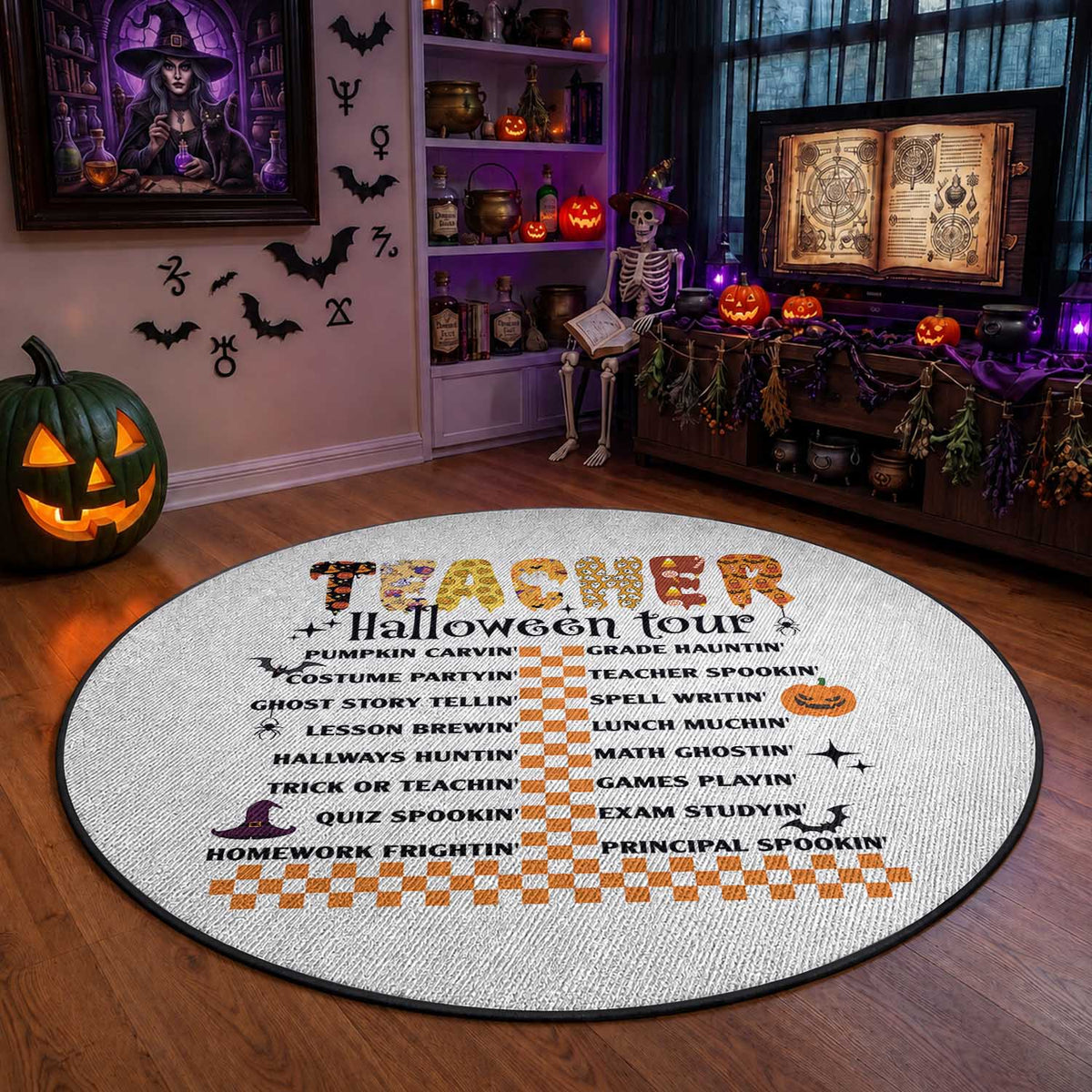 Funny Teacher Halloween Tour Round Rug Spooky Teacher Activities Pumpkin Witch Hat Bat