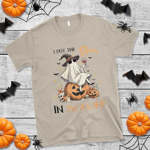 I Put The Boo In Boujee T Shirt Halloween Cute Lady Ghost Is Drinking Wine Pumpkin TS11 Sand Print Your Wear