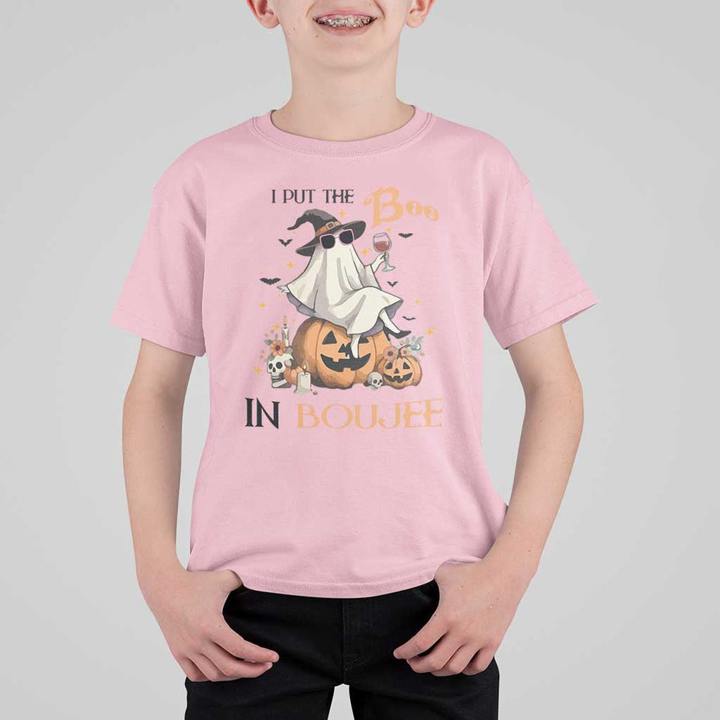 I Put The Boo In Boujee T Shirt For Kid Halloween Cute Lady Ghost Is Drinking Wine Pumpkin TS11 Light Pink Print Your Wear