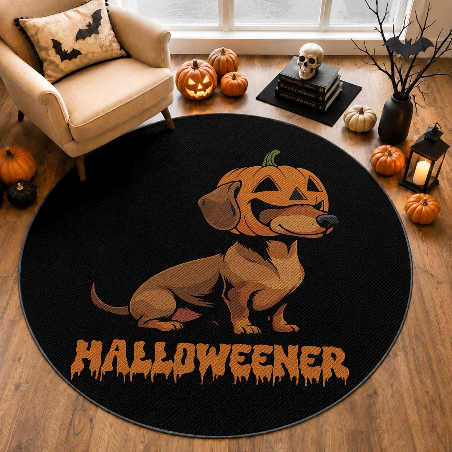 Funny Halloween Dachshund Round Rug Halloweener Pumpkin Wiener Dog