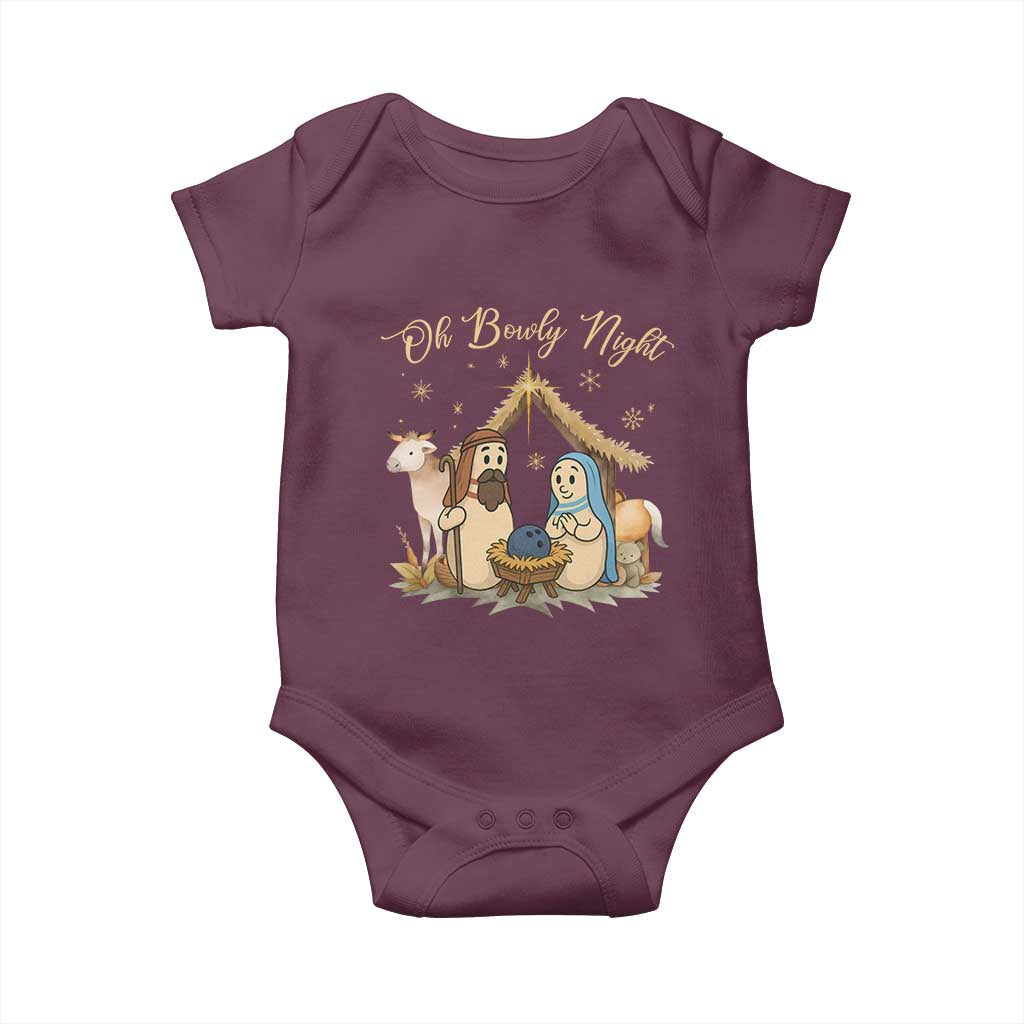 Funny Christmas Bowling Baby Onesie Oh Bowly Night Nativity Scene Bowling Pins TS11 Maroon Print Your Wear