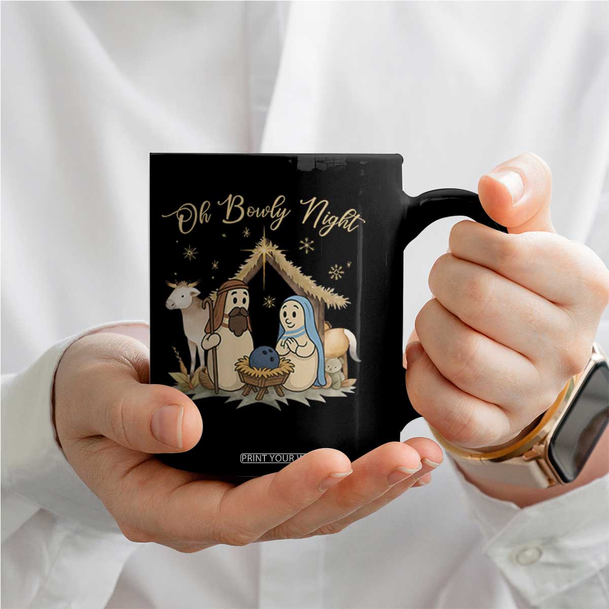 Funny Christmas Bowling Coffee Mug Oh Bowly Night Nativity Scene Bowling Pins TS11 Print Your Wear