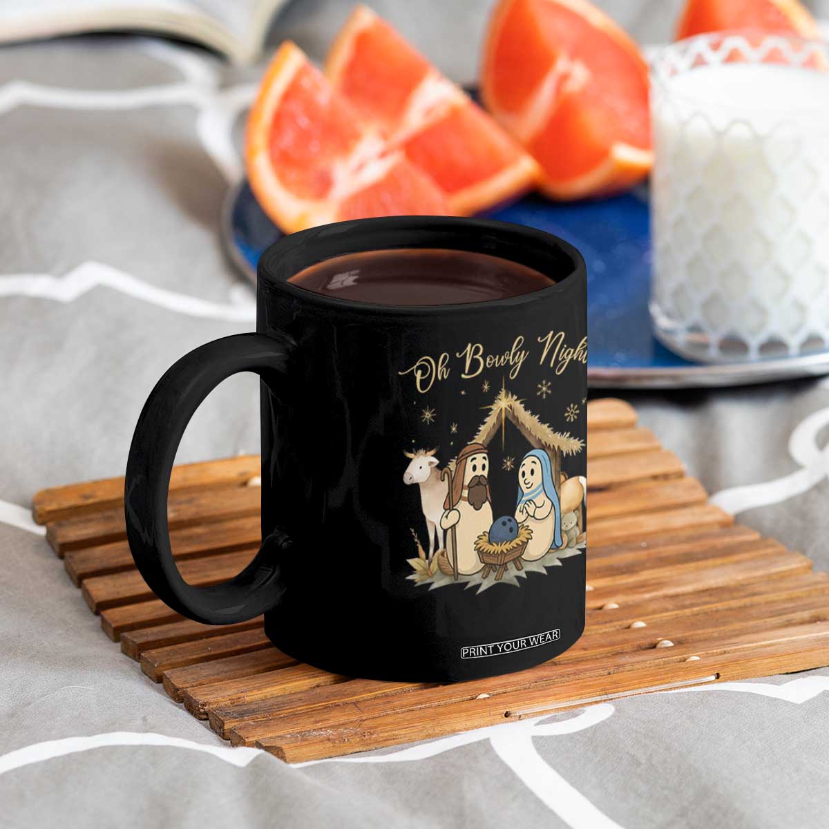 Funny Christmas Bowling Coffee Mug Oh Bowly Night Nativity Scene Bowling Pins TS11 Print Your Wear