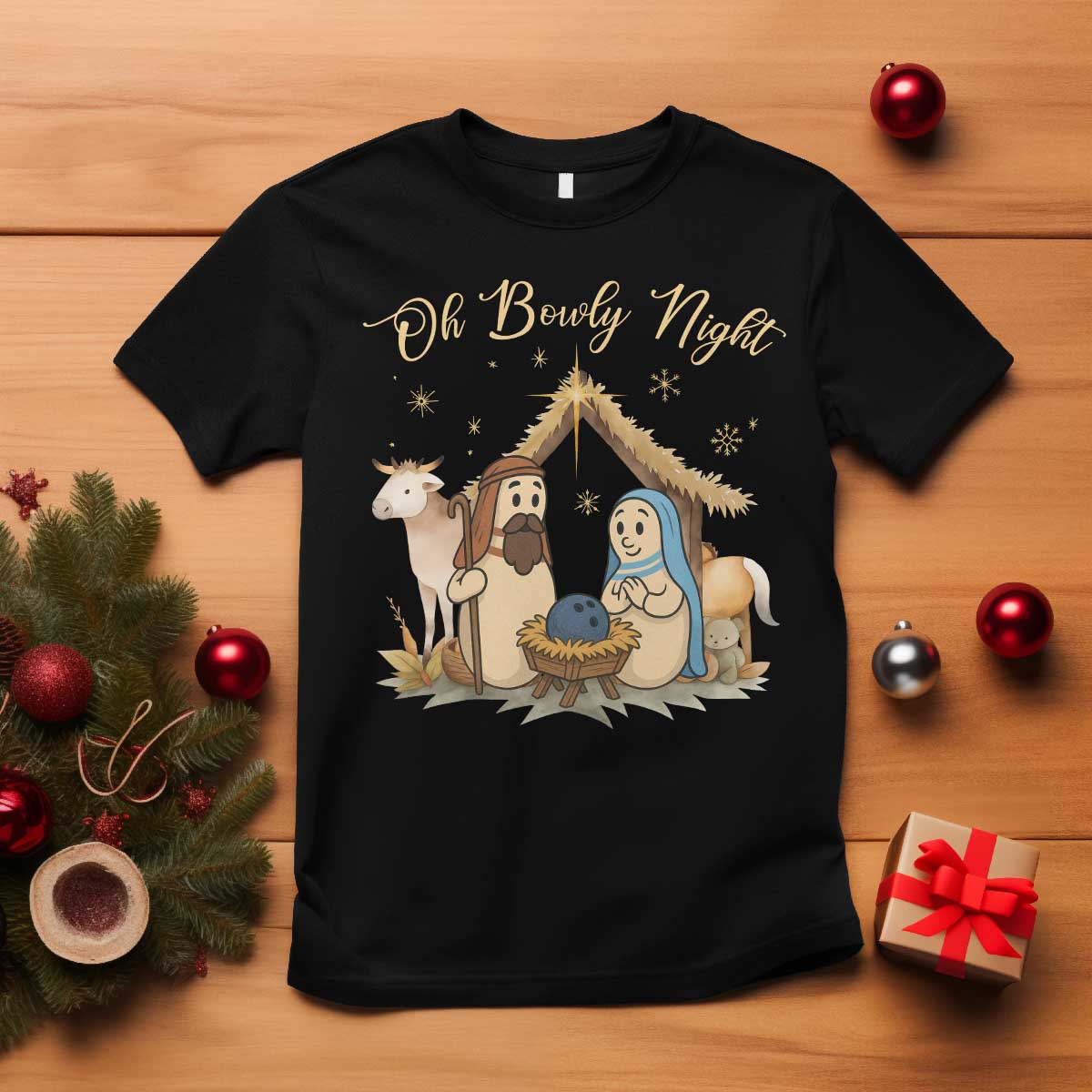 Funny Christmas Bowling T Shirt Oh Bowly Night Nativity Scene Bowling Pins TS11 Black Print Your Wear