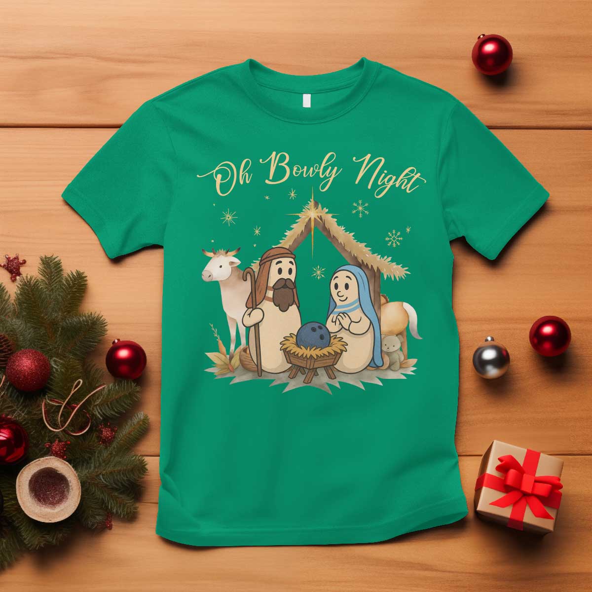 Funny Christmas Bowling T Shirt Oh Bowly Night Nativity Scene Bowling Pins TS11 Irish Green Print Your Wear