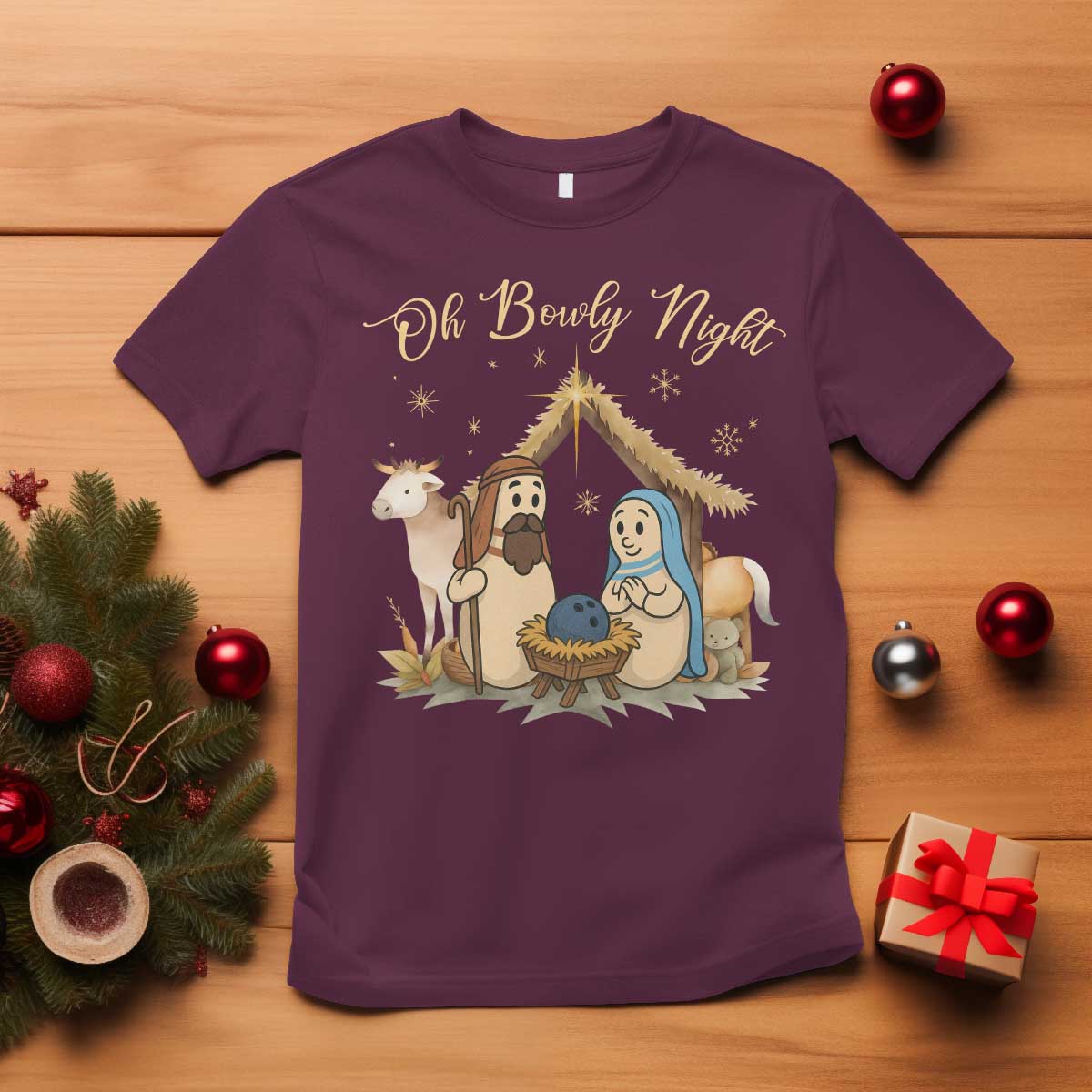 Funny Christmas Bowling T Shirt Oh Bowly Night Nativity Scene Bowling Pins TS11 Maroon Print Your Wear