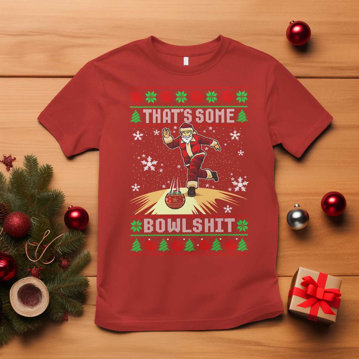 Funny Christmas Bowling T Shirt Thats Some Bowlshit Xmas Bowler Santa TS11 Red Print Your Wear